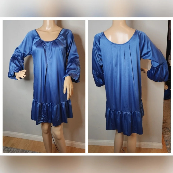 Diane Von Furstenberg Silk Blue Mini Dress Size 4 Ruffle Hem Bubble Sleeves - Picture 1 of 16